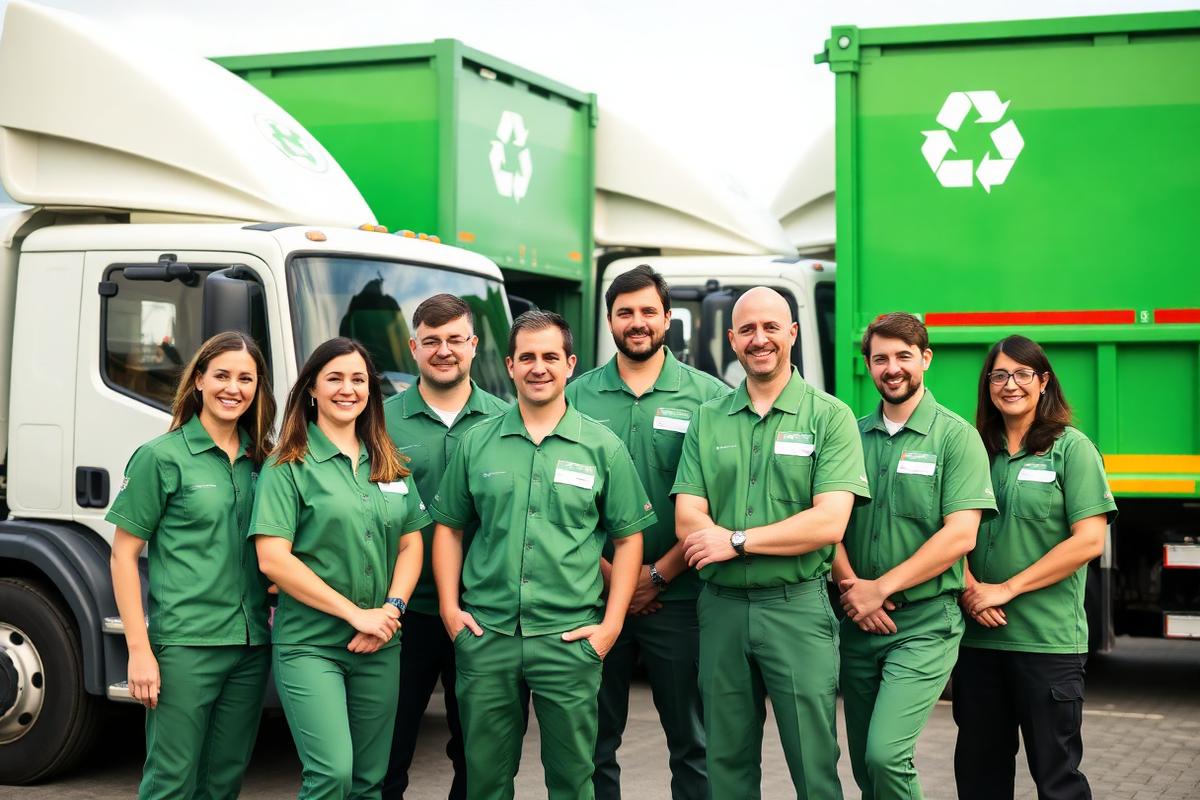 Paisleyvico Co. waste management crew with branded trucks